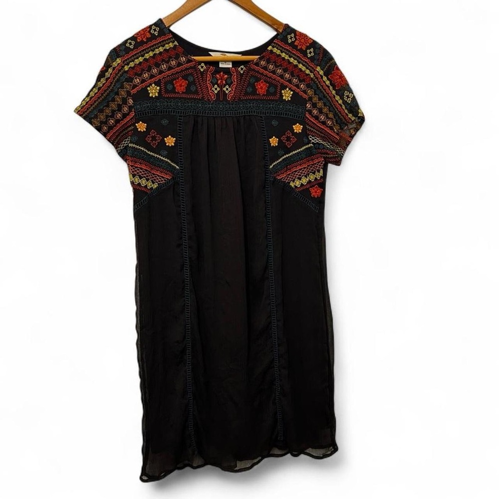 Bob Timberlake Womens M Boho Midi Dress Brown with Vibrant Embroidery Summer